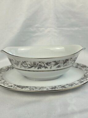 Style House Prestige Gravy Boat & Underplate Gray Flowers Platinum Trim